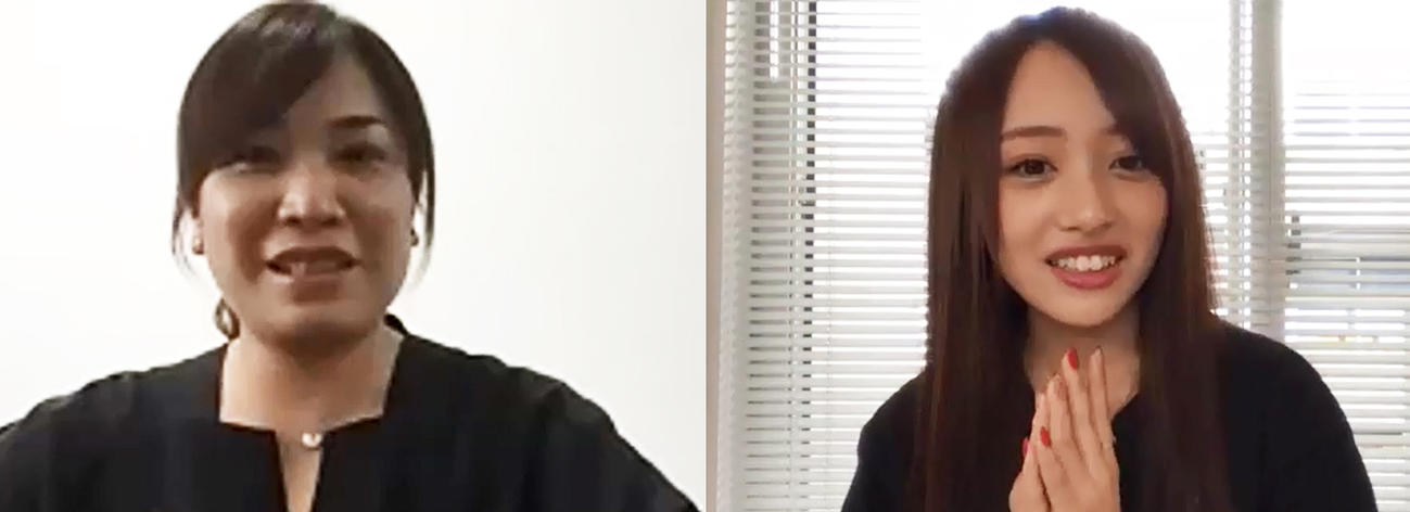 女子バレー元日本代表の竹下佳江氏（左）とリーダー論を語り合ったAKB48向井地美音
