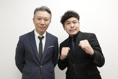 モンスターエンジンの西森洋一（左）と大林健二（2023年12月撮影）
