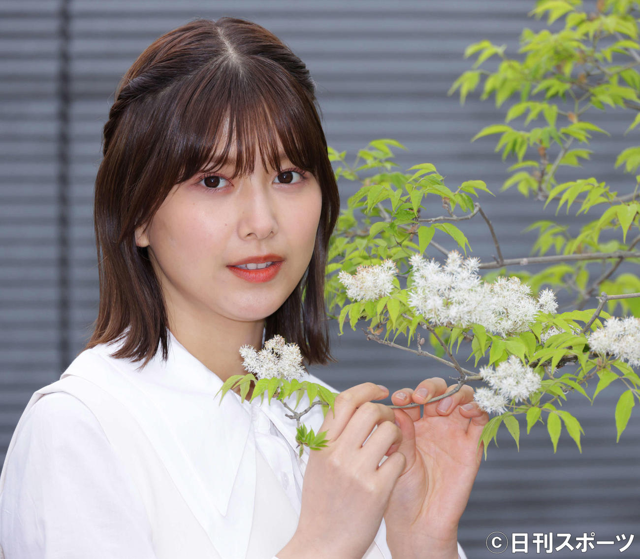 小さい白い花を見つけて手に取る渡邉理佐（撮影・中島郁夫）