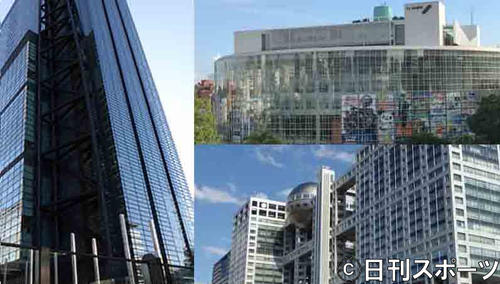 左から時計回りに、日本テレビ、テレビ朝日、フジテレビ