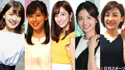 左から日テレ尾崎里紗アナ、テレ朝斎藤ちはるアナ、TBS田村真子アナ、テレ東田中瞳アナ、フジ宮司愛海アナ