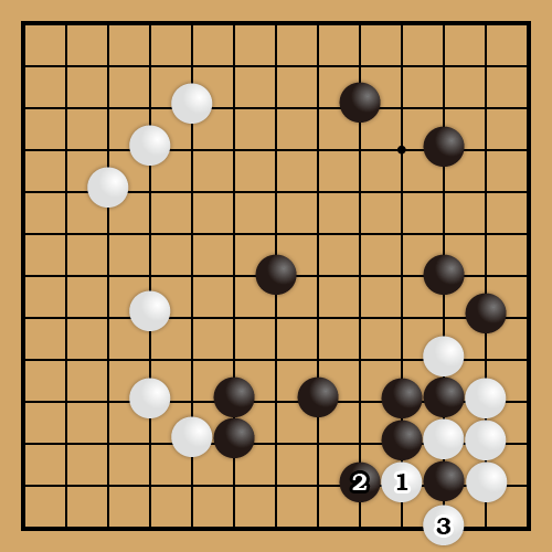 13ans｜正解図。白１が正解。白は全体の石が危険な状態。白１～３で黒１子を取っておけば安心です。
