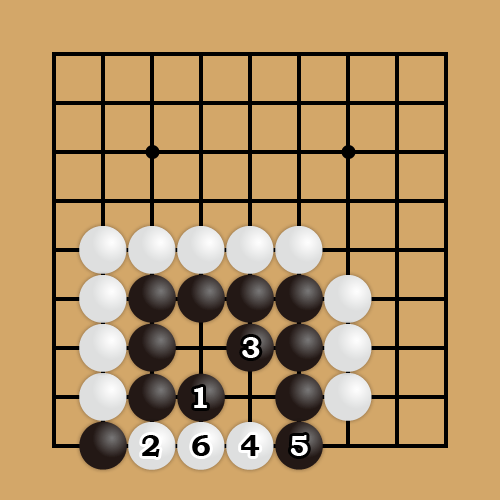 【正解図Ｃ】Ｃとこちらにマゲるのが正解です。白２に対して黒３がポイント。最終的に白のダメがつまり、白６とツグことができません。白石３つがアタリです。また白２で３と攻めてきた場合は、黒２とツギ、白４、黒５、白４の上についだ形は「セキ」です。「セキ」は生きている形です。間違えやすいところなのでご確認くださいね。