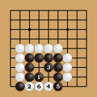 【正解図Ｃ】Ｃとこちらにマゲるのが正解です。白２に対して黒３がポイント。最終的に白のダメがつまり、白６とツグことができません。白石３つがアタリです。また白２で３と攻めてきた場合は、黒２とツギ、白４、黒５、白４の上についだ形は「セキ」です。「セキ」は生きている形です。間違えやすいところなのでご確認くださいね。