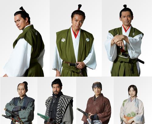 映画「3人の信長」に出演する、左上から時計回りに市原隼人、TAKAHIRO、岡田義徳、坂東希、前田公輝、高嶋政宏、相島一之