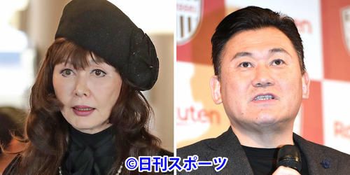 山本リンダ（左）と楽天の三木谷浩史会長兼社長