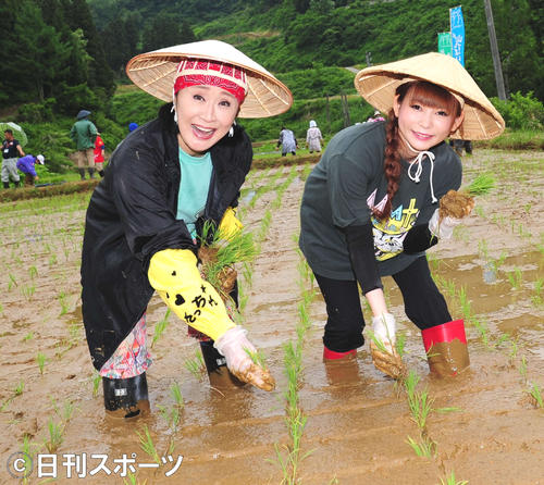 旧山古志村の水田で田植えを行った小林幸子と中川翔子（撮影・松本久）