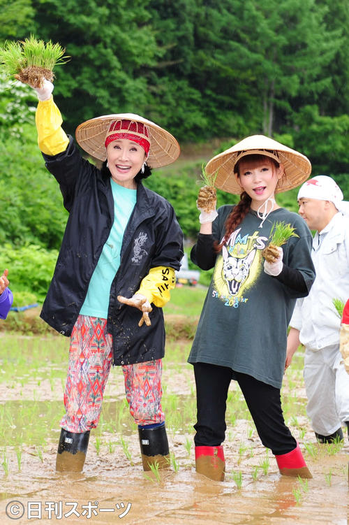 旧山古志村の水田で田植えを行った小林幸子と中川翔子（撮影・松本久）