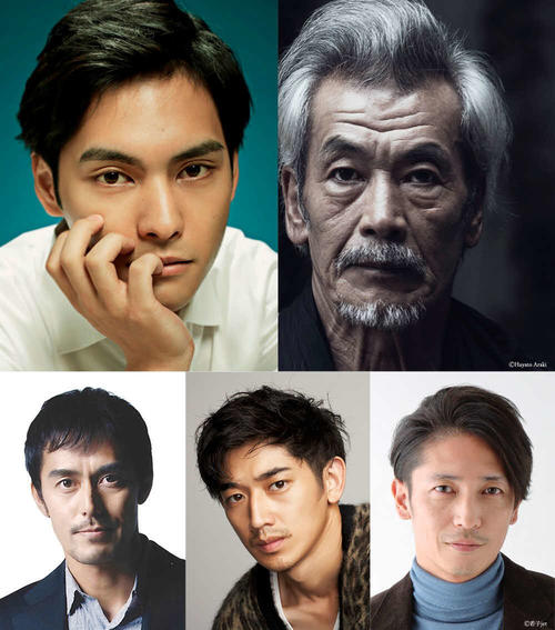 映画「HOKUSAI」にW主演する柳楽優弥（上段左）と田中泯（同右）。下段左から阿部寛、瑛太、玉木宏