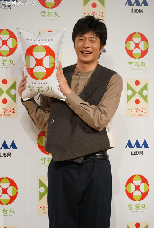山形のお米「雪若丸」新CM発表会に出席した田中圭（撮影・遠藤尚子）