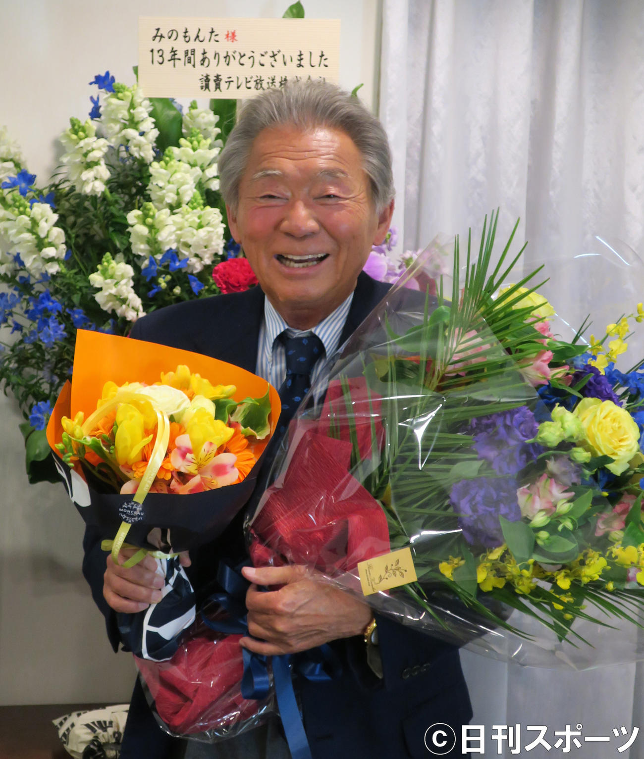 MCとして日本テレビ系「秘密のケンミンSHOW」の最後の収録を終え、笑顔を見せるみのもんた