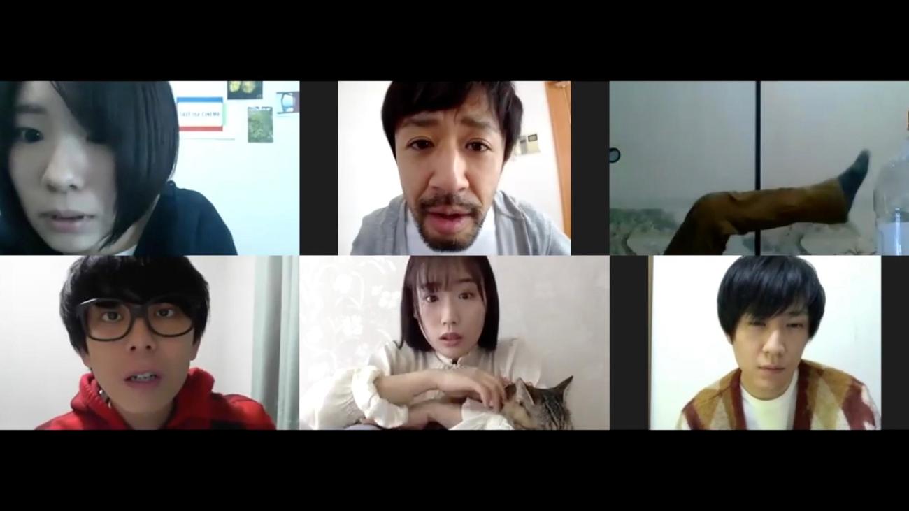 「カメラを止めるな！　リモート大作戦！」に出演した、上段左から真魚、濱津隆之、細井学、下段左から市原洋、秋山ゆずき、長屋和彰（C）カメラを止めるな！リモート大作戦！