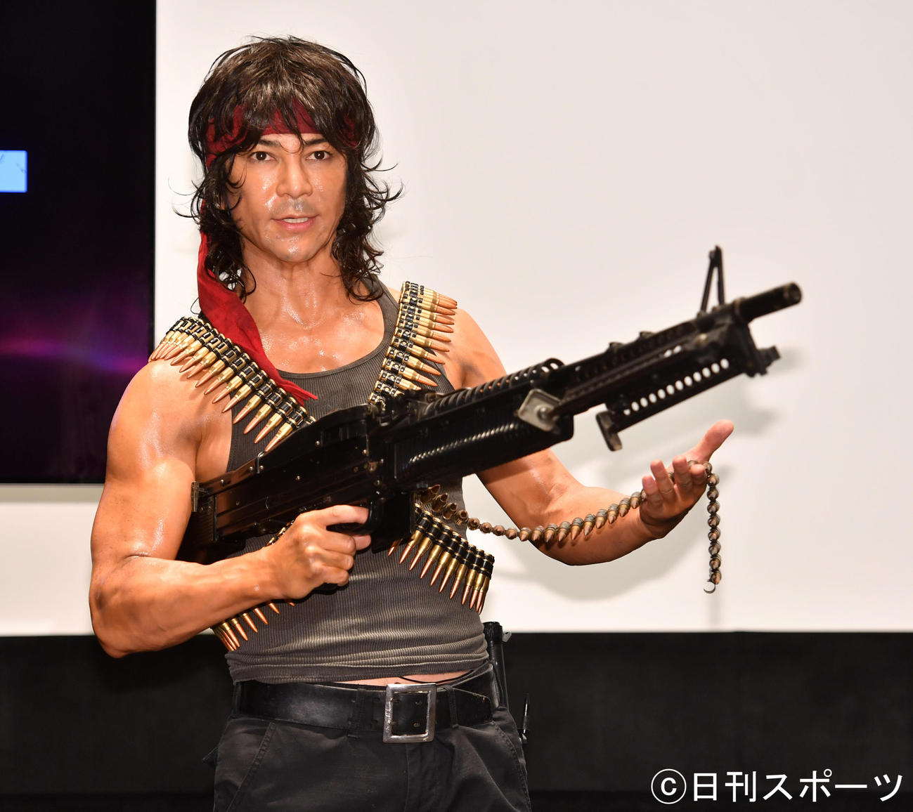 映画「ランボー　ラスト・ブラッド」のイベントでランボーに扮（ふん）した武田真治（撮影・柴田隆二）
