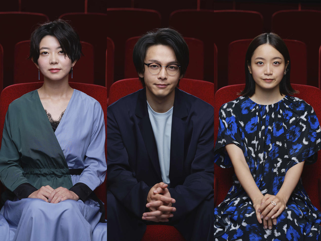 映画「水曜日が消えた」の舞台あいさつに出席した、左から石橋菜津美、中村倫也、深川麻衣（c）2020「水曜日が消えた」製作委員会