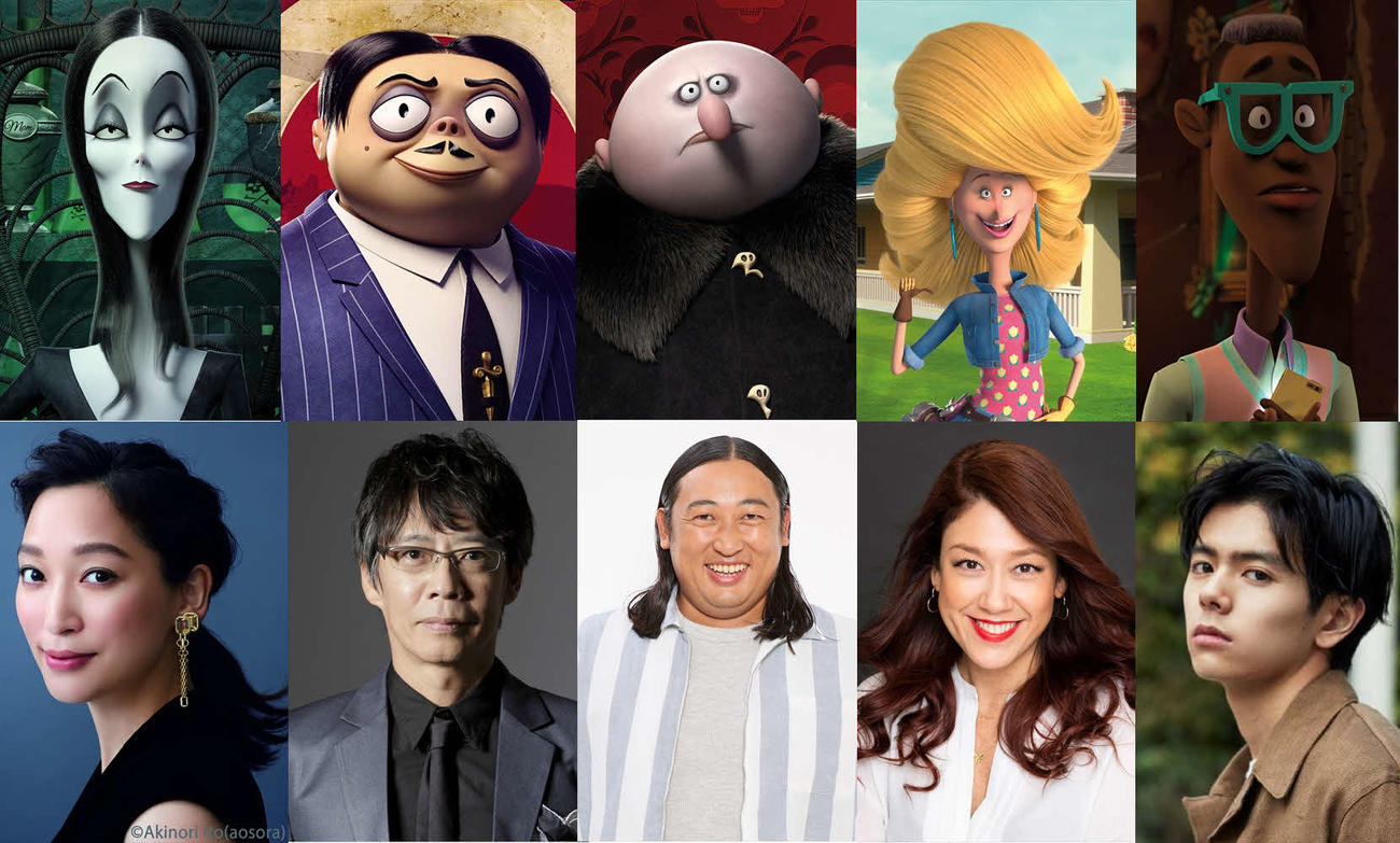 「アダムス・ファミリー」の日本語版出演者とキャラクター。左から杏、生瀬勝久、ロバート秋山、LiLiCo（C）2020Metro－Goldwyn－Mayer　Pictures　Inc.　All　Rights　Reserved.　The　Addams　Family　（TM）Tee　and　Charles　Addams　Foundation.　All　Rights　Reserved．