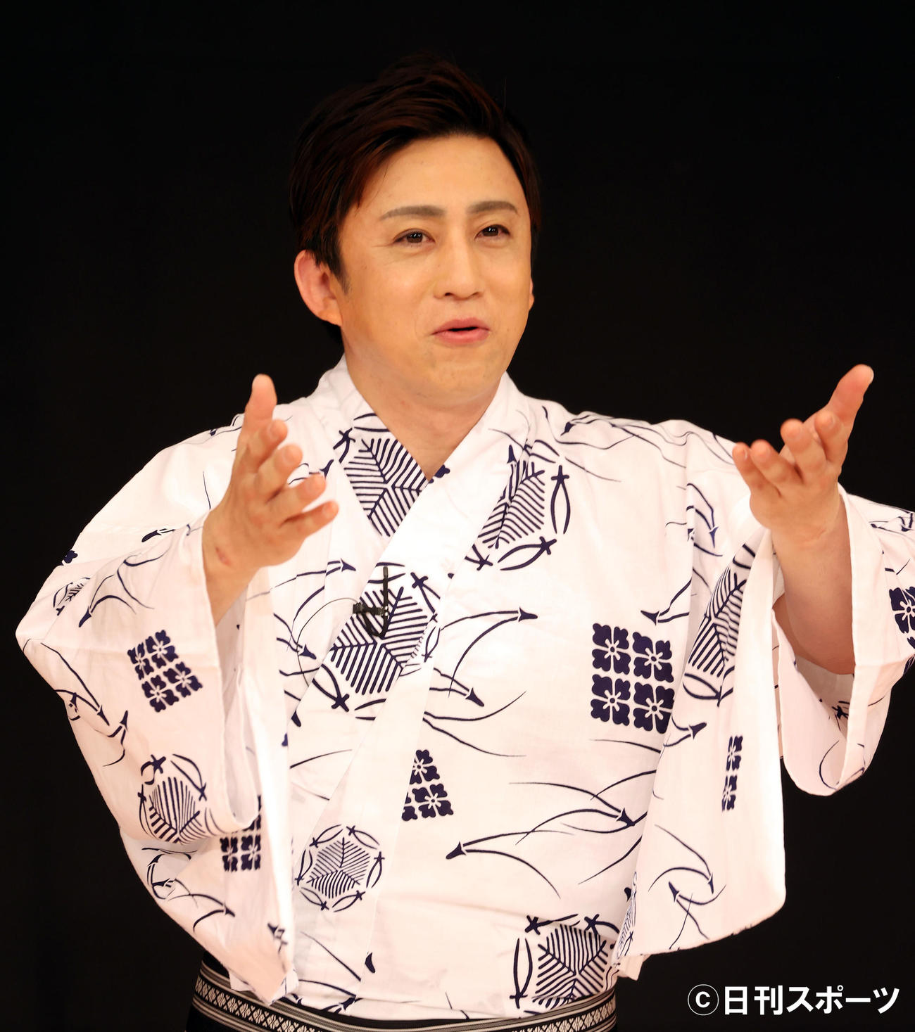 「八月花形歌舞伎」制作発表会見で身ぶり手ぶりをまじえて歌舞伎について話す松本幸四郎