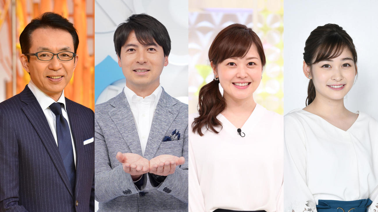 来年4月から日本テレビ系大幅リニューアルする。左から、「真相報道バンキシャ！」を卒業する福沢朗キャスター、桝太一アナ、水卜麻美アナ、岩田絵里奈アナ