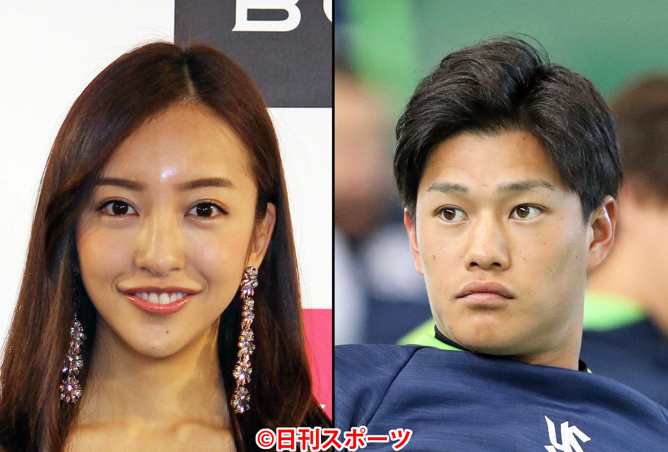 板野友美（左）とヤクルト高橋奎二