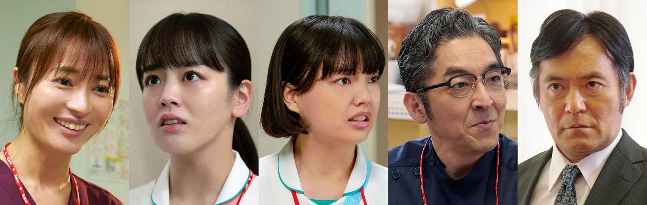 テレビ東京系ドラマスペシャル「神様のカルテ」の新キャスト。左から新山千春、伊原立花、上原実矩、村杉蝉之介、渡辺いっけい