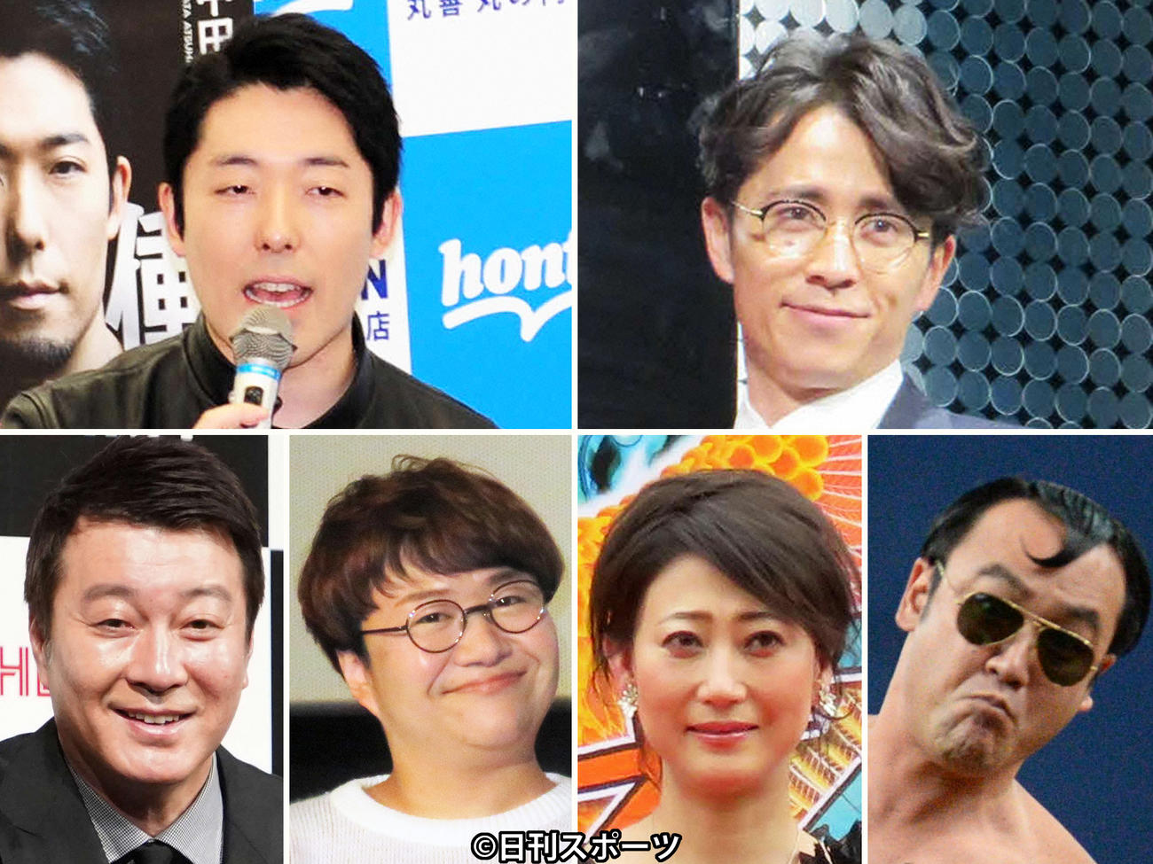 上段左から吉本興業を退所したオリエンタルラジオ中田敦彦と藤森慎吾。下段左からエージェント契約の極楽とんぼ加藤浩次、ハリセンボン近藤春菜、友近、たむらけんじ