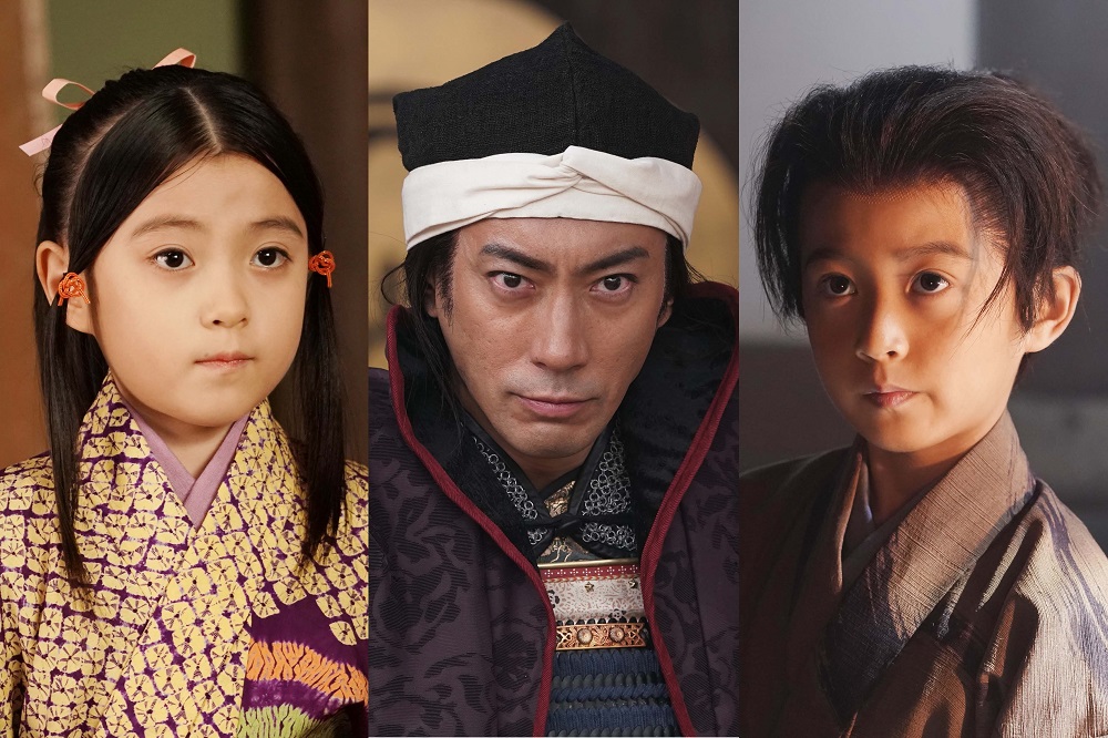 フジテレビ系「十三代目市川團十郎白猿襲名記念ドラマ特別企画『桶狭間～織田信長　覇王の誕生～』」で共演する、左から市川ぼたん、市川海老蔵、堀越勸玄君（C）フジテレビ