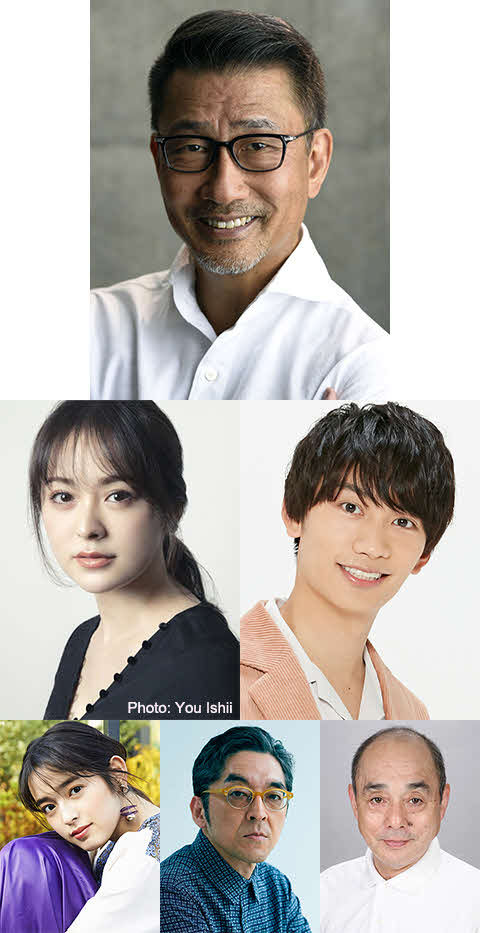 中井貴一（上）主演の舞台「月とシネマ」の全出演者が決定。中段左から貫地谷しほり、藤原丈一郎、下段左から矢作穂香、村杉蝉之介、たかお鷹