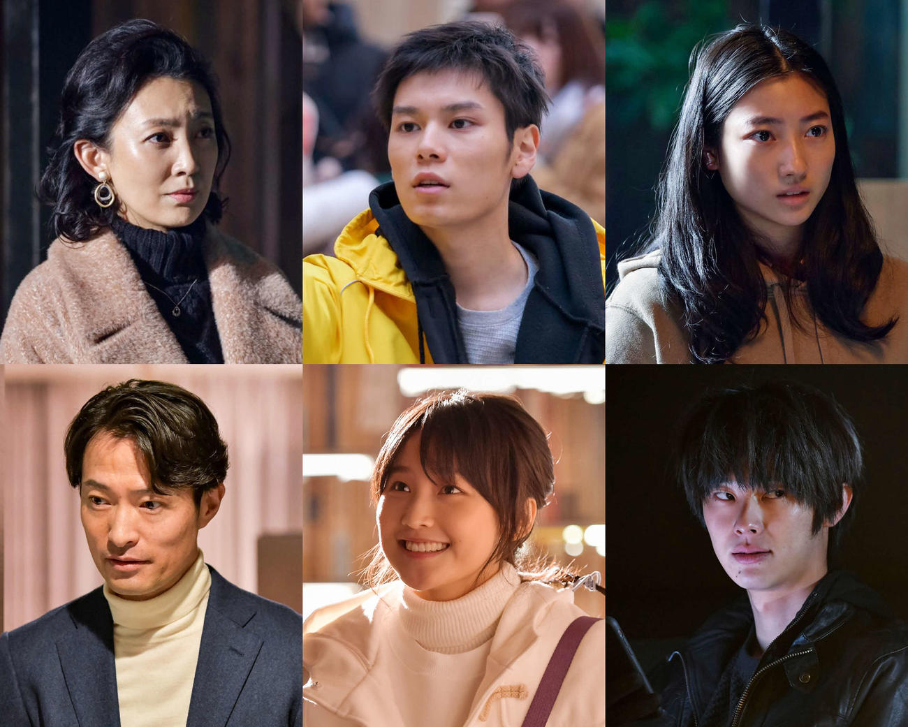 左上から下へ第4話ゲストの田中美里、前川泰之、中央上から下へ第5話の萩原利久、鞘師里保、右上から下へ第6話の川島鈴遥、楽駆（C）「アノニマス」製作委員会