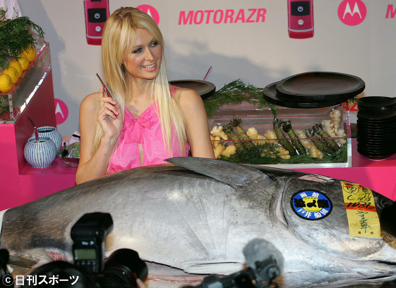 なぜかマグロの前でポーズをとるパリス・ヒルトン（06年12月22日）