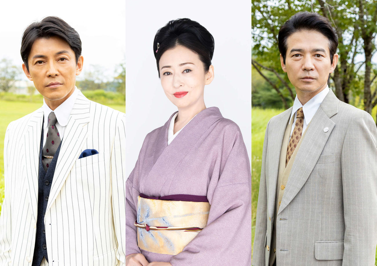 テレビ朝日系スペシャルドラマ「エアガール」に出演する、左から藤木直人、松雪泰子、吉岡秀隆