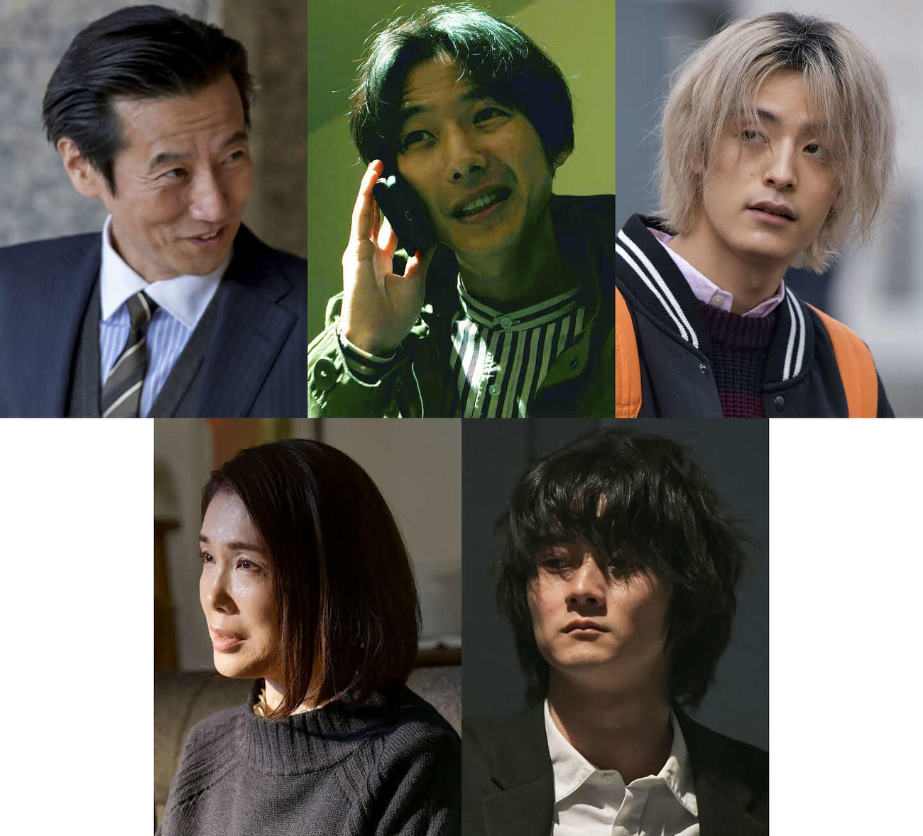 テレビ東京系「アノニマス～警視庁“指殺人”対策室～」にゲスト出演する上段左から津田寛治、水間ロン、塩野瑛久、下段左から筒井真理子、柳俊太郎（C）「アノニマス」製作委員会
