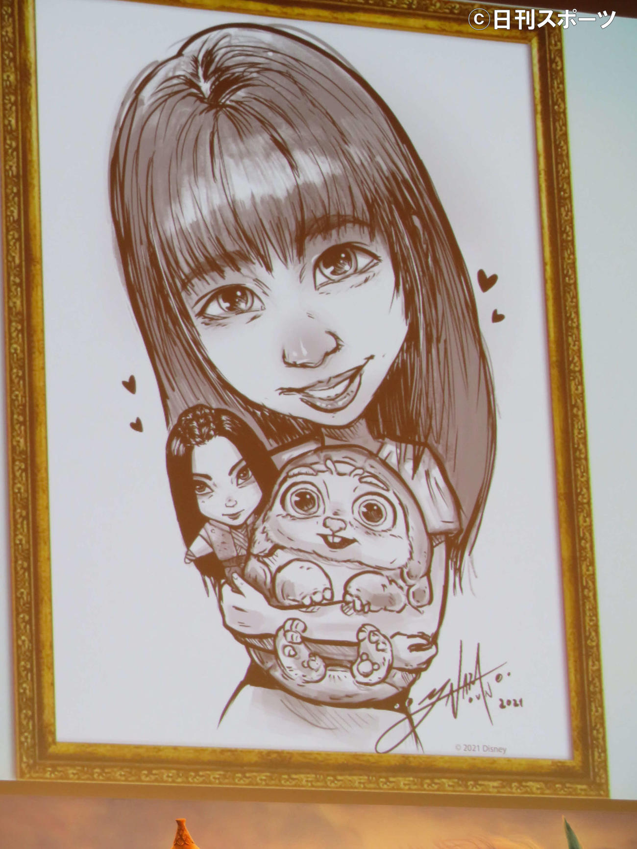 アニメ映画「ラーヤと龍の王国」イベントで、ディズニースタジオのアニメーターが吉川愛に贈った直筆イラスト（撮影・村上幸将）
