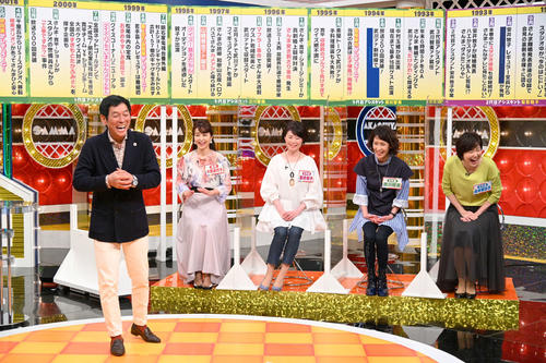 8日放送の「痛快！明石家電視台」に出演する左から、明石家さんま、大桃美代子、安井牧子、武川智美アナウンサー、松本麻衣子アナ（C）MBS