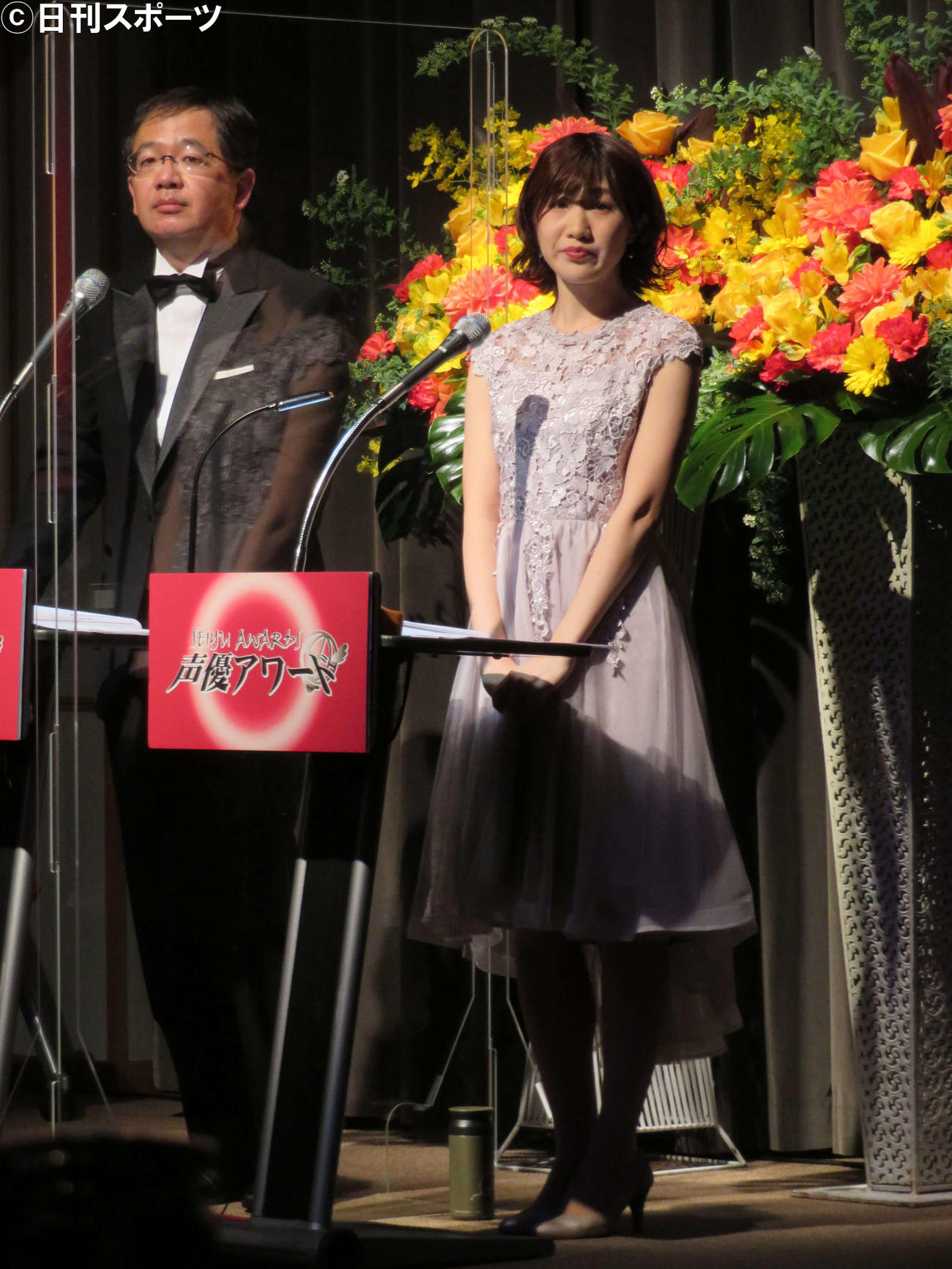 「文化放送　超！　A＆G＋スペシャル　第十五回声優アワード授賞者発表SP」で司会を務める長谷川太アナウンサーと坂口愛美アナウンサー（撮影・村上幸将）