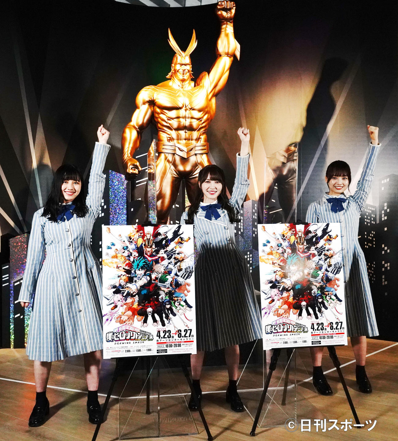 「僕のヒーローアカデミア展　PRイベント」に出席した、左から日向坂46渡邉美穂、加藤史帆、濱岸ひより（撮影・佐藤成）