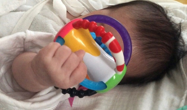 ブログで公開した初めておもちゃを握りしめた娘（平野ノラオフィシャルブログから）