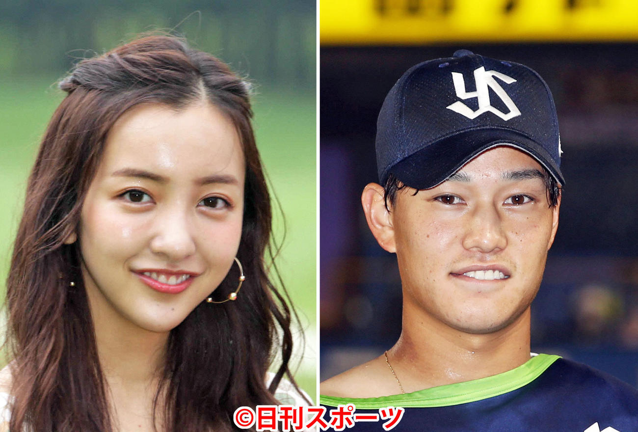 板野友美（左）とヤクルト高橋奎二