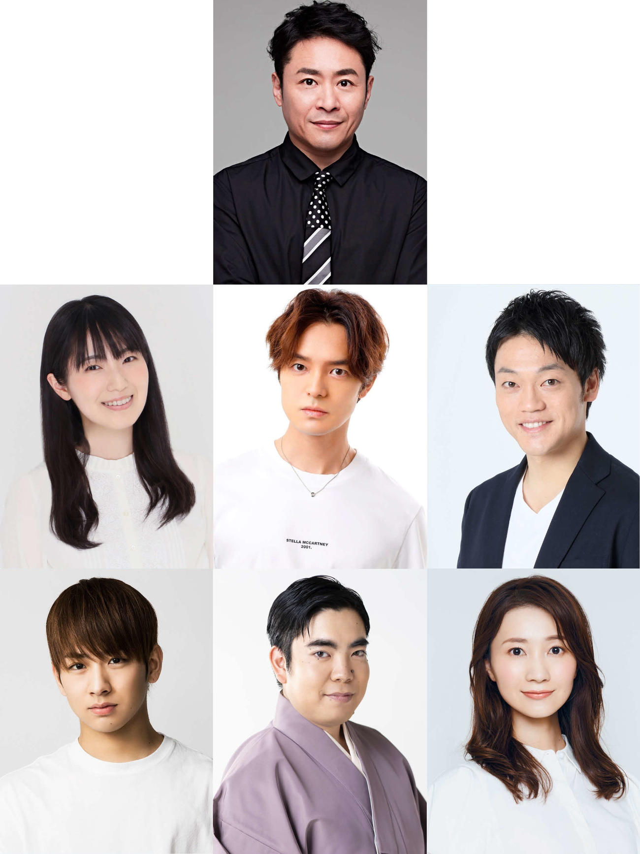 中川晃教主演ステージ「SCORE!!～Music High School～」に出演が決まった、坂元健児（上段）、中段左から石川由依、上口耕平、おばたのお兄さん、下段左から佐藤友祐、徳永ゆうき、夢咲ねね（C）2021「SCORE!!」
