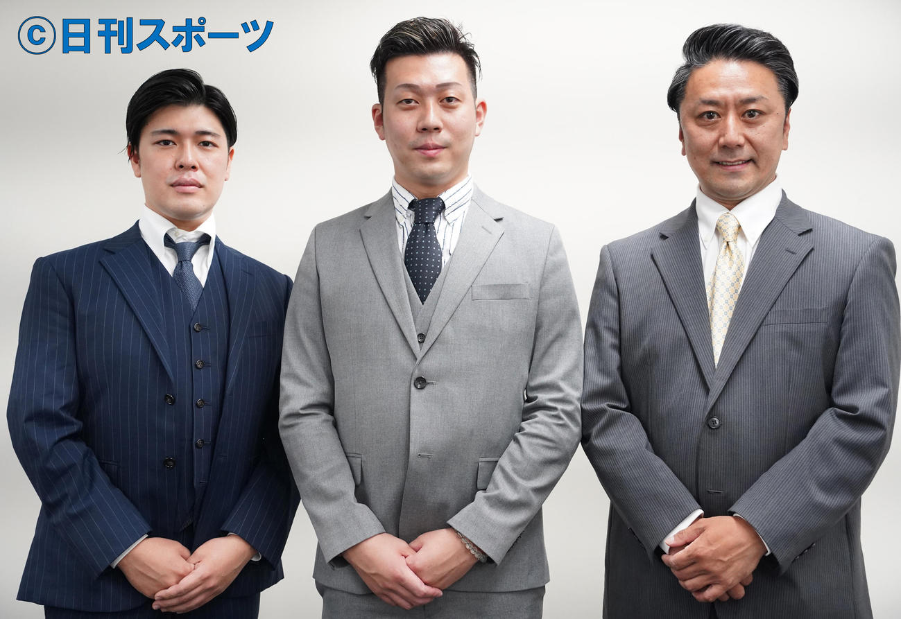 取材会に出席した、左から大谷廣松、中村児太郎、市川九團次（撮影・佐藤勝亮）