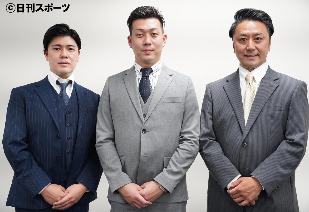 取材会に出席した、左から大谷広松、中村児太郎、市川九団次（撮影・佐藤勝亮）