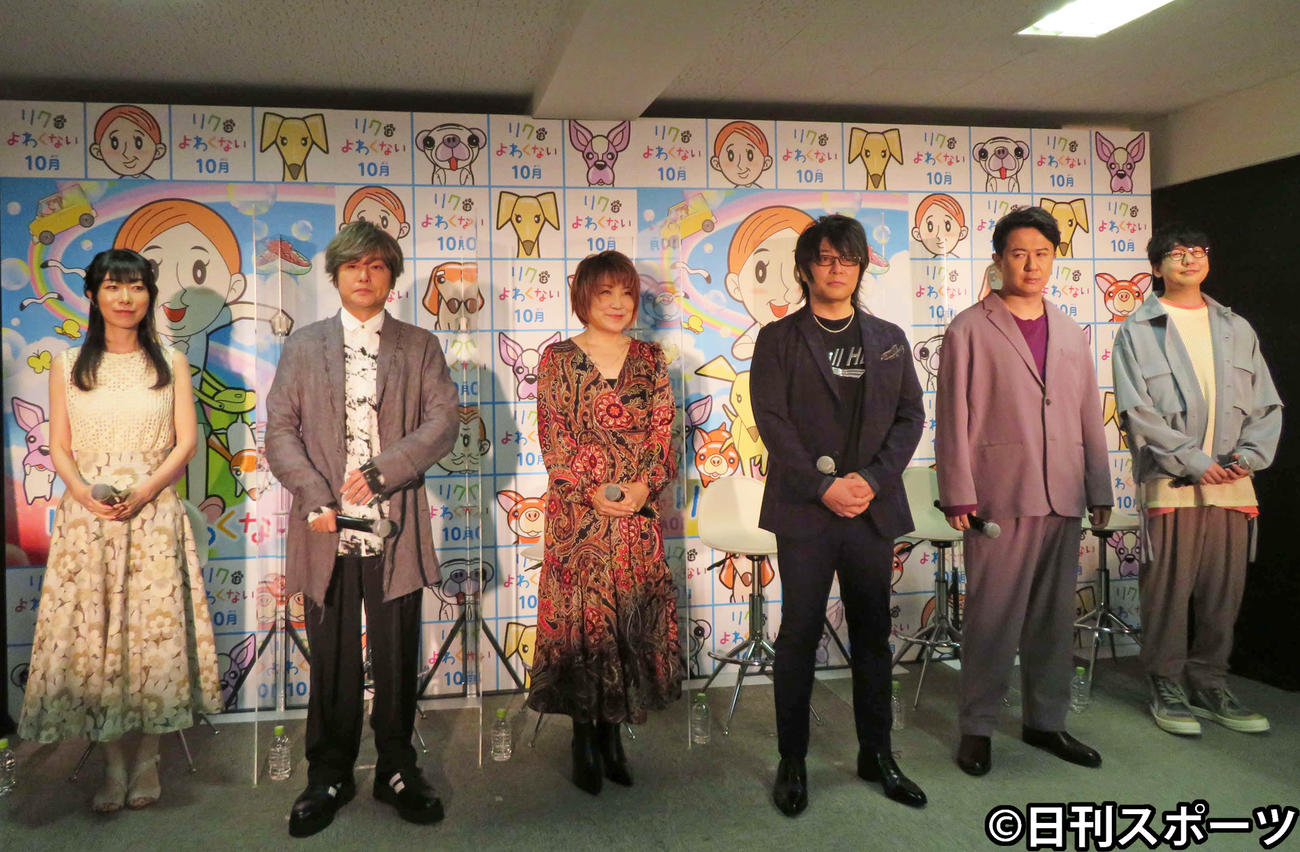 アニメ映画「リクはよわくない」アフレコ終了報告会に出席した、左から浅野真澄、森久保祥太郎、松本梨香、森川智之、杉田智和、花江夏樹（撮影・村上幸将）