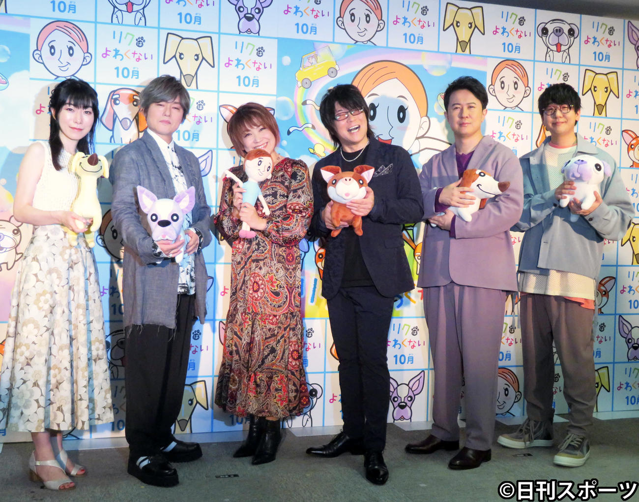 アニメ映画「リクはよわくない」アフレコ終了報告会に出席した、左から浅野真澄、森久保祥太郎、松本梨香、森川智之、杉田智和、花江夏樹（撮影・村上幸将）