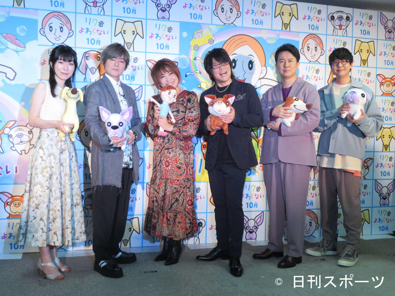 アニメ映画「リクはよわくない」アフレコ終了報告会に出席した、左から浅野真澄、森久保祥太郎、松本梨香、森川智之、杉田智和、花江夏樹（撮影・村上幸将）