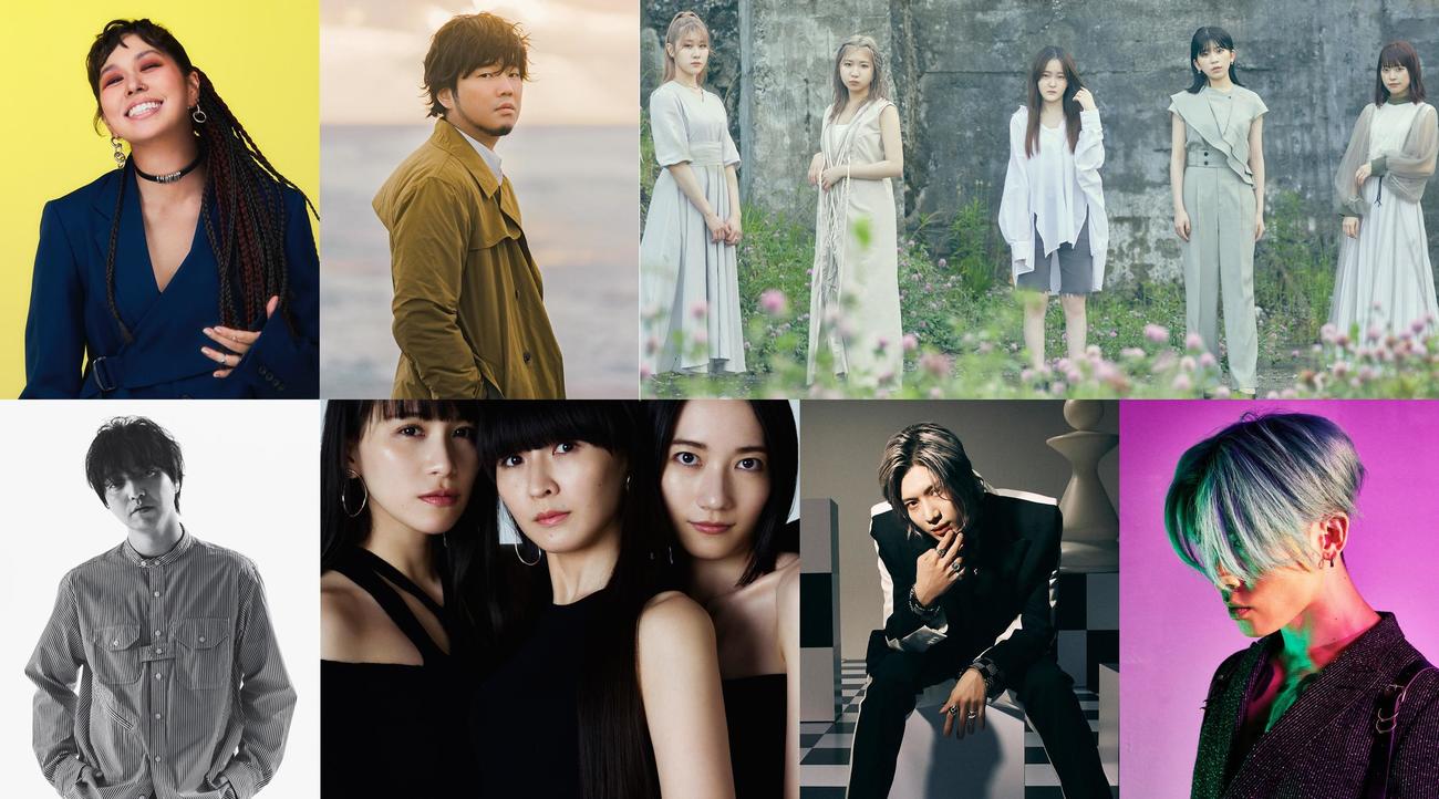 コカ・コーラ公式ソング「Colorful」を歌う、左上から時計回りにAI、秦基博、Little Glee Monster、MIYAVI、テミン、Perfume、三浦大知
