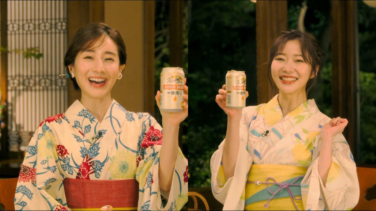 指原莉乃、田中みな実（右から）が一番搾りを飲みながら息の合ったトークを展開した