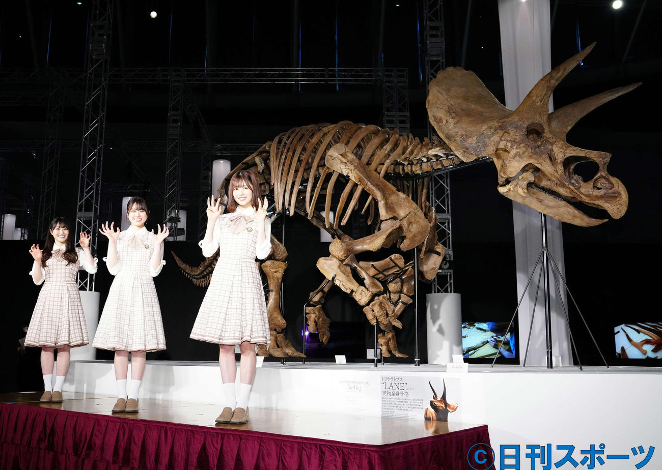 「恐竜科学博」に展示されるトリケラトプスの実物全身骨格「レイン」を背に写真に納まる日向坂46の、左から潮紗理菜、丹生明里、松田好花（撮影・江口和貴）