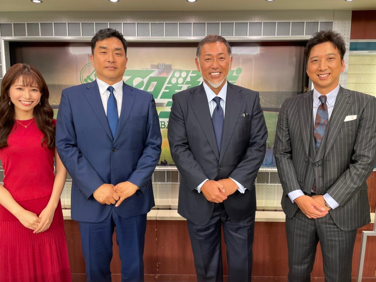 「プロ野球ニュース2021」の収録に臨んだ清原和博氏（左から3人目）。左から海老原優香アナウンサー、山本昌氏。右端は藤川球児氏