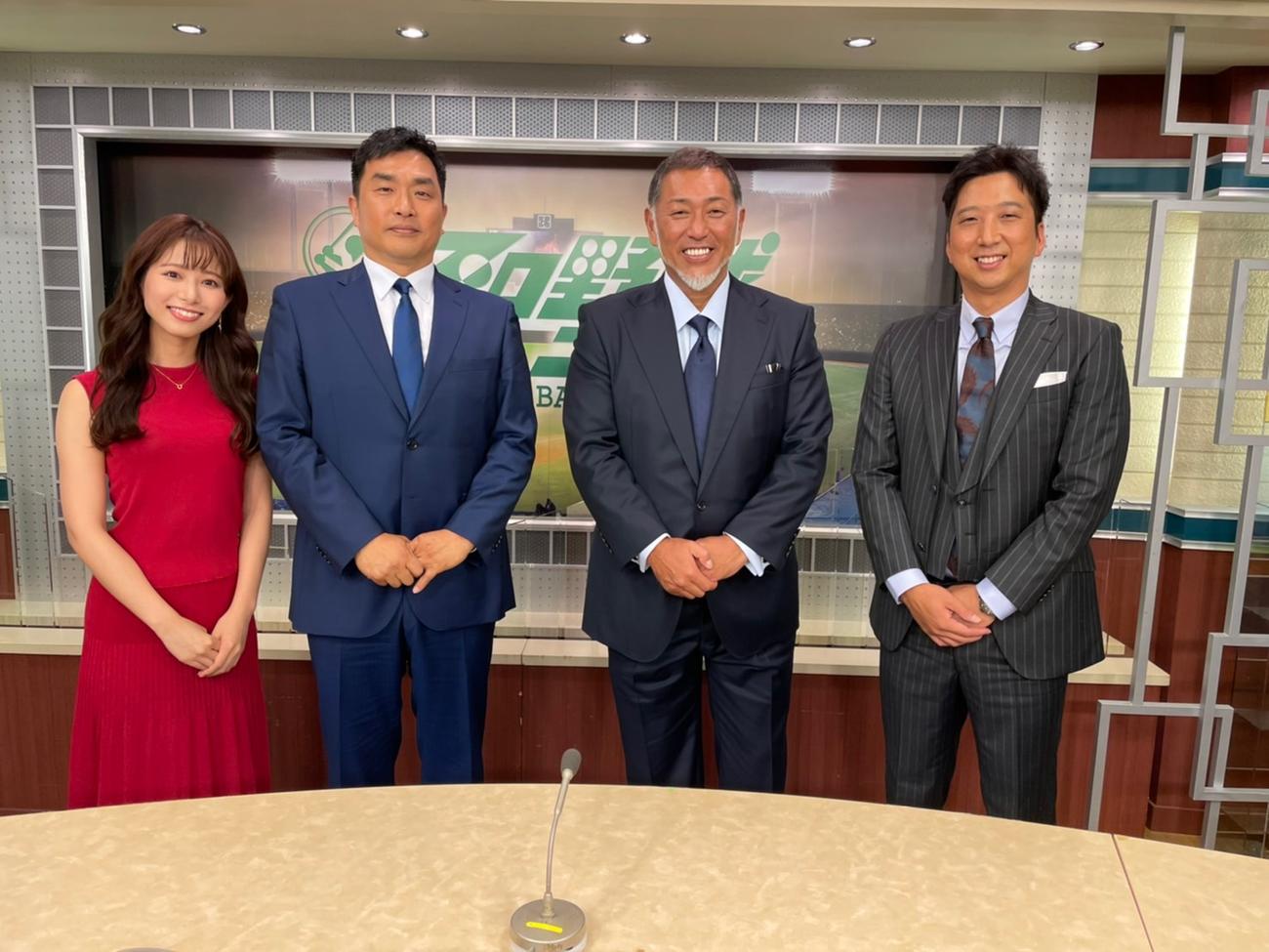 「プロ野球ニュース2021」の収録に臨んだ清原和博氏（左から3人目）。左から海老原優香アナウンサー、山本昌氏。右端は藤川球児氏