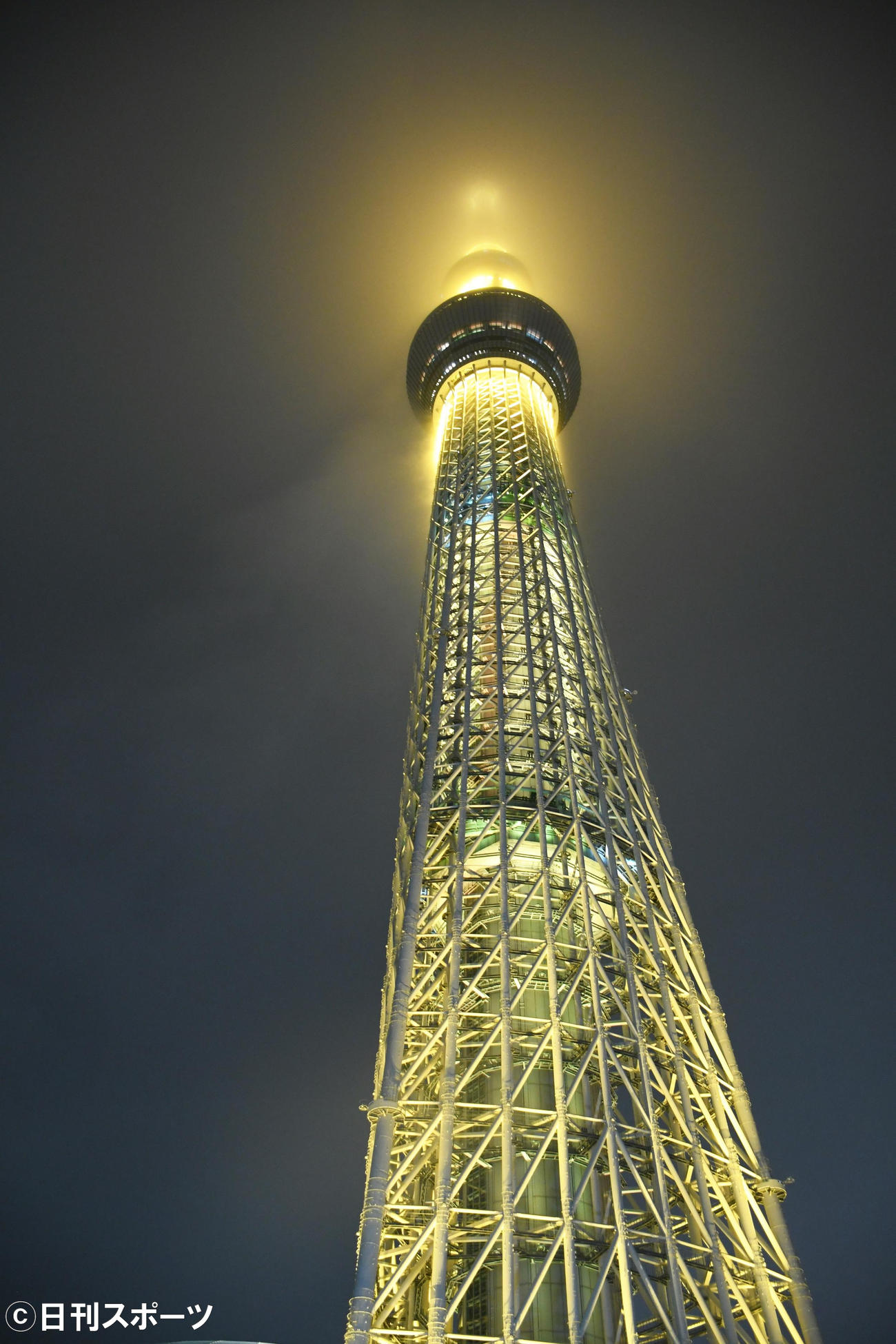 「世界小児がん啓発キャンペーン」でゴールド色に点灯された東京スカイツリー（撮影・大友陽平）