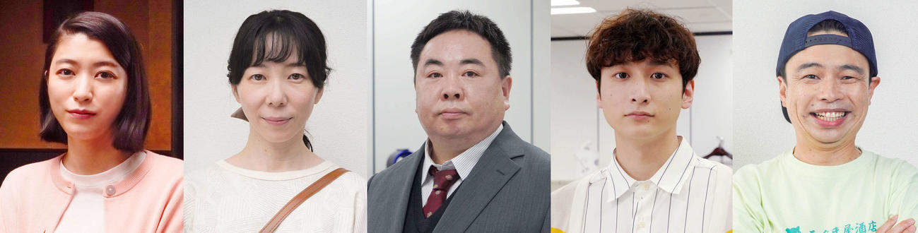 原田知世主演のテレビ東京系連続ドラマ「スナック　キズツキ」（10月8日スタート、金曜深夜0時12分）に出演することが決まった左から成海璃子、平岩紙、塚地武雅、小関裕太、浜野謙太