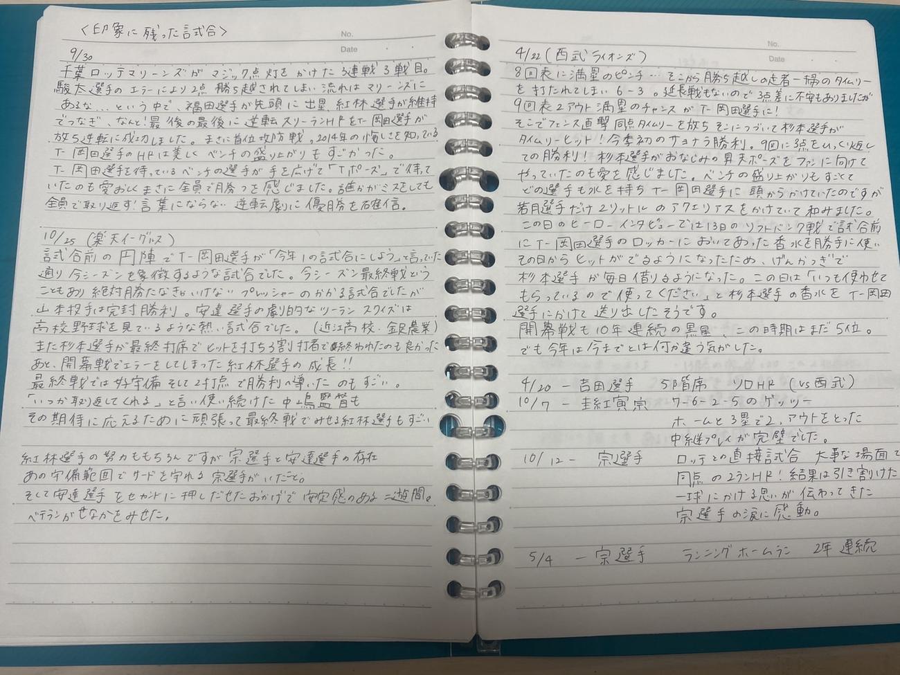 オリ姫のラストアイドル岡村茉奈は試合についてノートにまとめているという（本人提供）